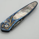 Pro-Tech Newport Blue Ti Hand Engraved Handles w/ Mother of Pearl Button & Black Lip Pearl Inlay w/ Vegas Forge Damascus 2025 Ultimate Custom