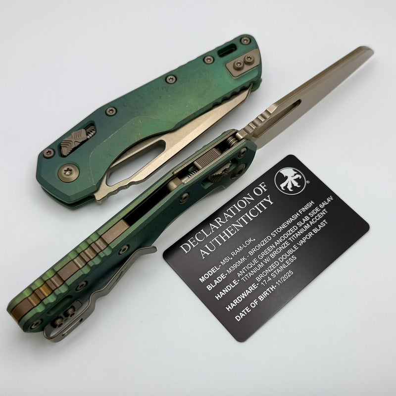Microtech Marfione Select MSI RAM LOK Antique Green Titanium Handles w/ Double Vapor Blast/Bronze Accents & Bronzed M390MK 210-13MS1