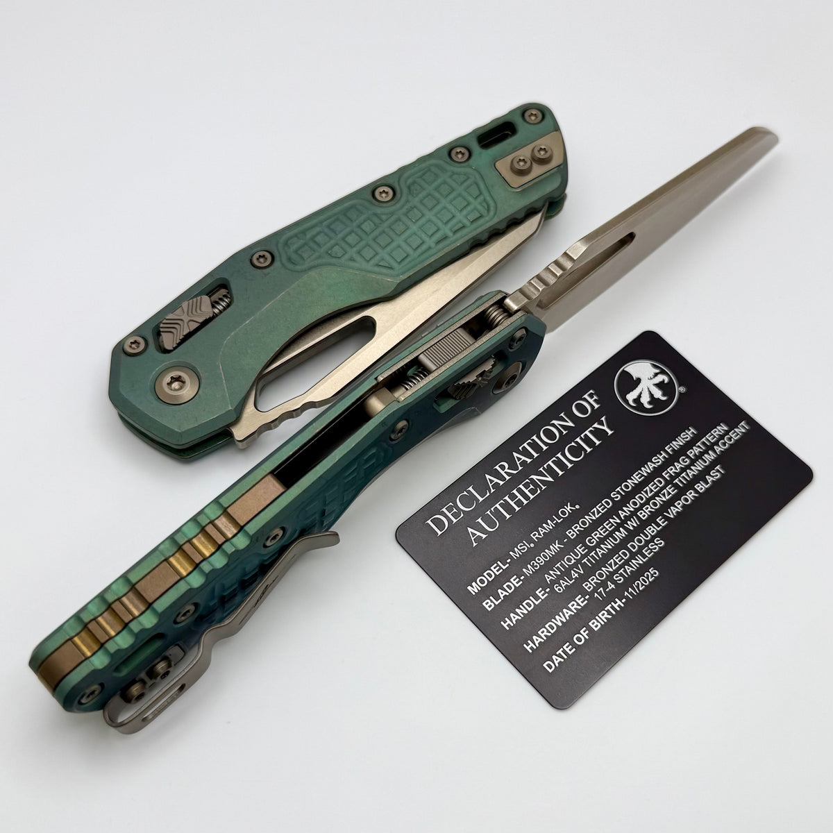 Microtech Marfione Select MSI RAM LOK Antique Green Frag Titanium Hand