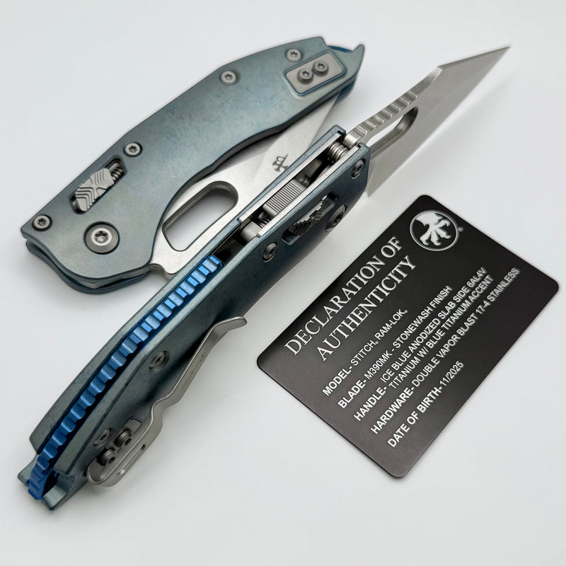 Microtech Marfione Select Manual Stitch RAM LOK Ice Blue Titanium Handles & Stonewash M390MK w/ Double Vapor Blast/Blue Accents 169RL-10MS6