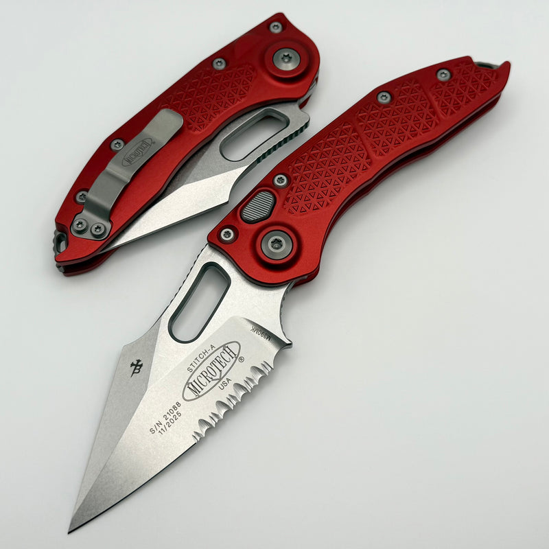 Microtech Borka Stitch Stonewash Partial Serrated & Red Handles 169-11RD
