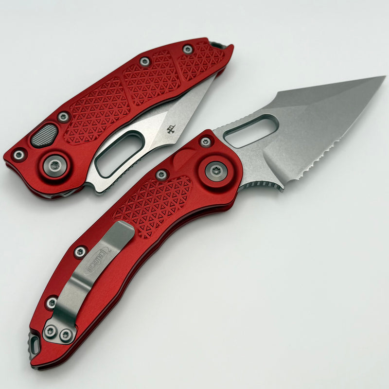 Microtech Borka Stitch Stonewash Partial Serrated & Red Handles 169-11RD