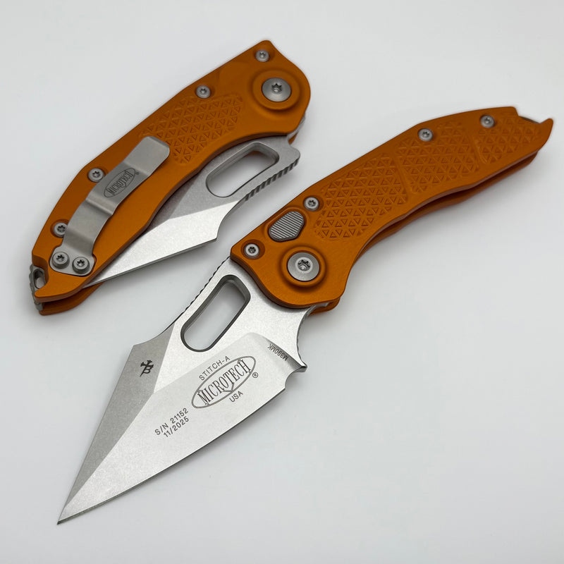 Microtech Borka Stitch Single Edge Stonewash Standard w/ Orange Tangerine Handles 169-10OT