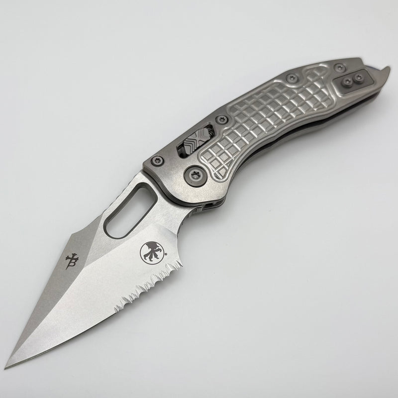 Microtech Marfione Select Manual Stitch RAM LOK Titanium Frag Handles & Part Serrated Stonewash M390MK w/ Double Vapor Blast & Purple Accents 169RL-11FRMS3