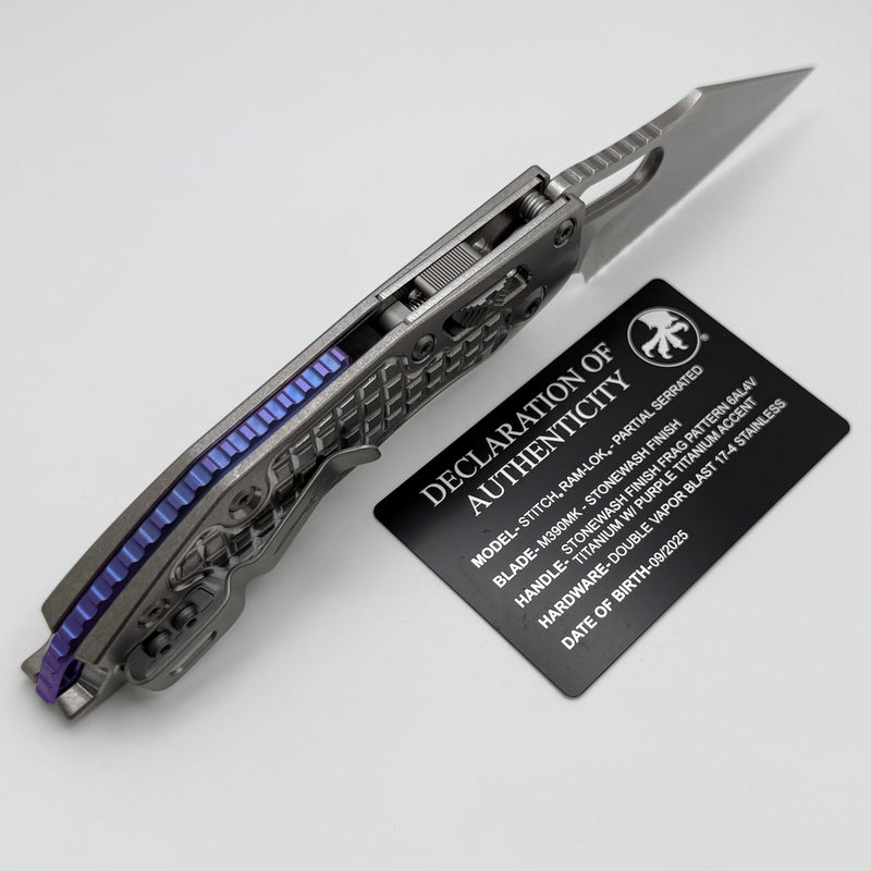 Microtech Marfione Select Manual Stitch RAM LOK Titanium Frag Handles & Part Serrated Stonewash M390MK w/ Double Vapor Blast & Purple Accents 169RL-11FRMS3