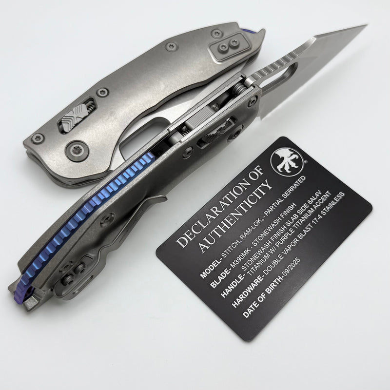 Microtech Marfione Select Manual Stitch RAM LOK Titanium Handles & Part Serrated Stonewash M390MK w/ Double Vapor Blast & Purple Accents 169RL-11MS3