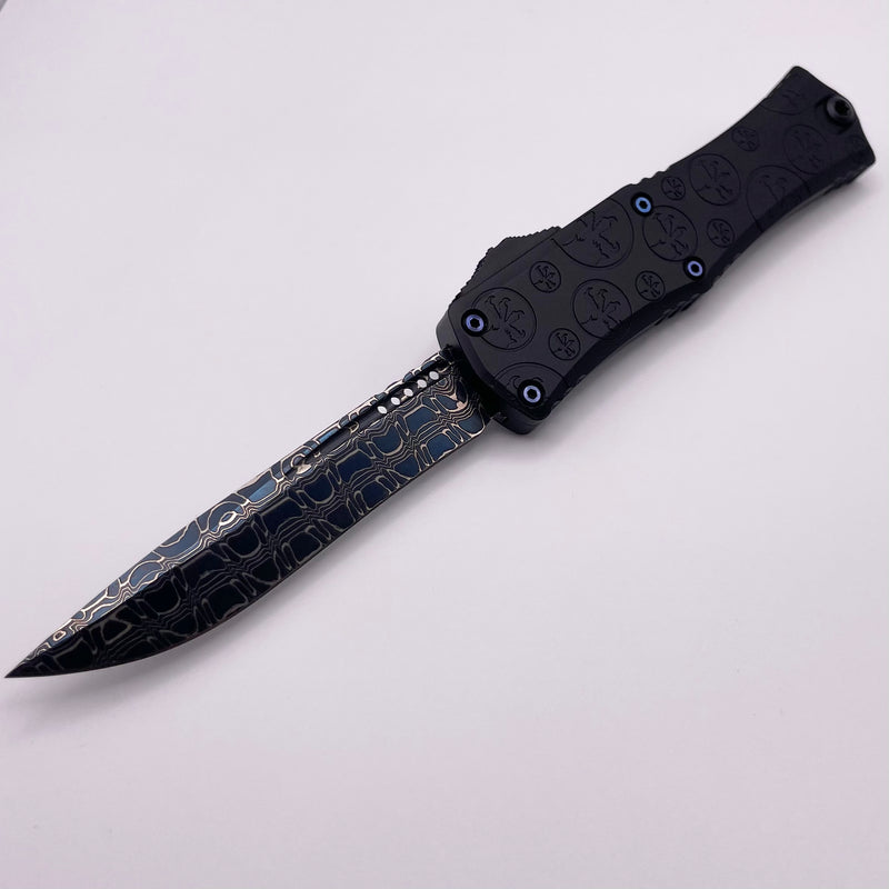 Pre-Owned Microtech Knives Hera II Mini Vegas Forge Blued Spirograph Damascus Recurve & Deep Engraved Claw Burst Handle w/ Blue Ti Hardware Signature Series 1705M-16MS1