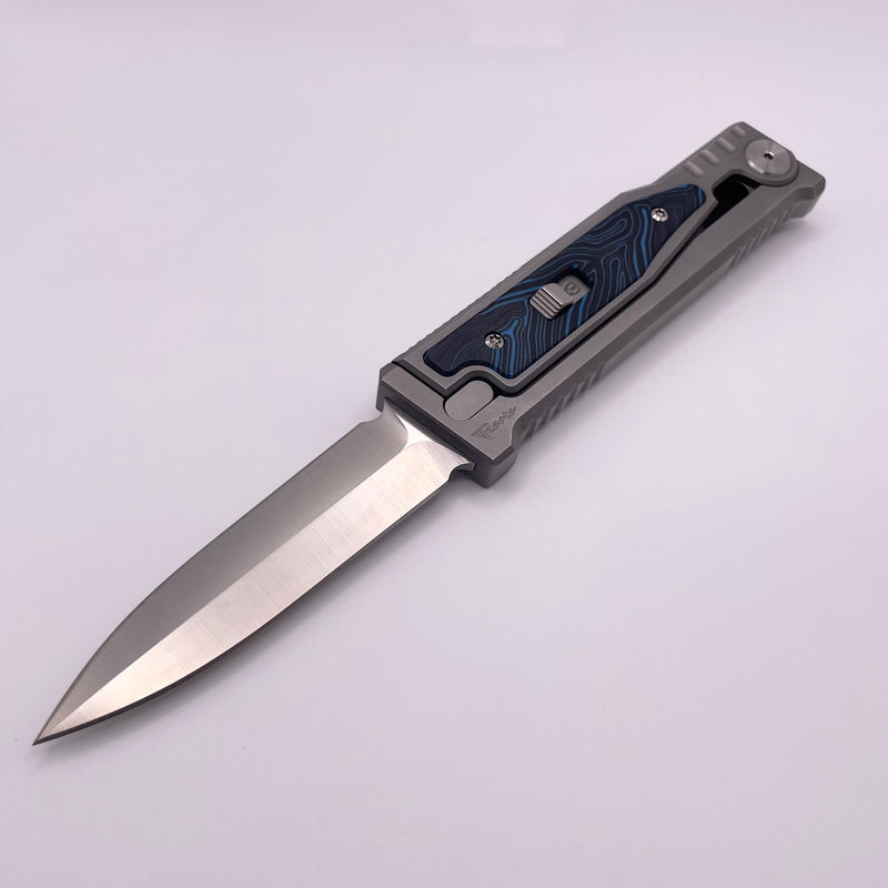 Pre-Owned Reate EXO M Blue/Black Damascus Pattern G-10 & Satin/Stonewash Double Edge