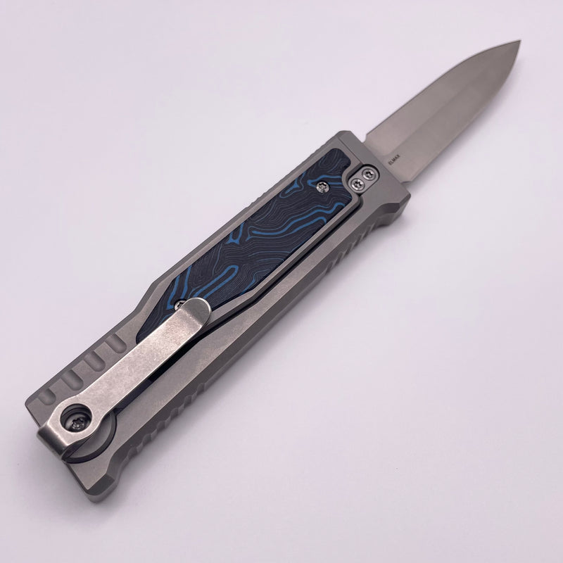 Pre-Owned Reate EXO M Blue/Black Damascus Pattern G-10 & Satin/Stonewash Double Edge