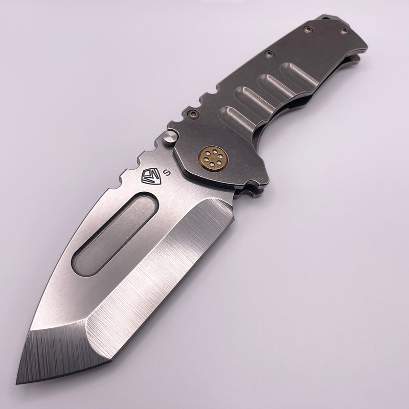 Pre-Owned Medford Knife Praetorian T Tumbled Handles w/ Brushed/Bronze Hardware/Clip & S45VN Tumbled Tanto