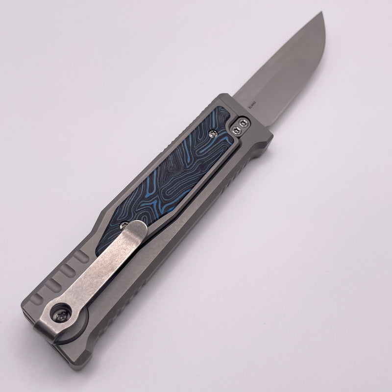 Pre-Owned Reate EXO M Blue/Black Damascus Pattern G-10 & Satin/Stonewash Drop Point