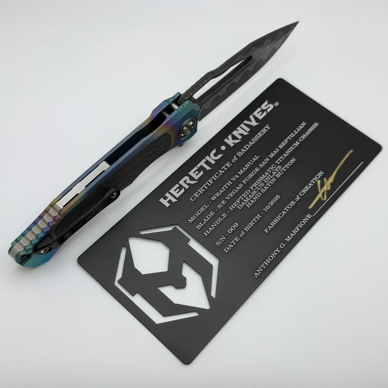 Heretic Knives Custom Wraith V4 Manual Prismatic Titanium Handles w/ Damascus Inlays & Hand Ground Vegas Forge San Mai
