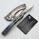Microtech Amphibian Mini RAM LOK Stonewash Titanium Slab SIde & Stonewash M390MK W/ Blue Accents 137MRL-10MS2
