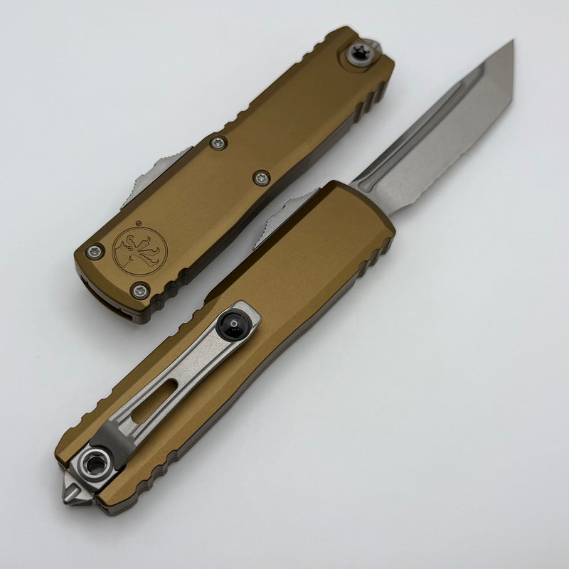 Microtech UTX-85 Gen IV w/ Tan Handle & Stonewash Part Serrated T/E M390MK 12334-11TA