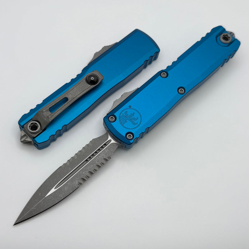 Microtech UTX-85 Gen IV w/ BLUE Handle & Full Serrated Apocalyptic D/E M390MK 12324-12APBL