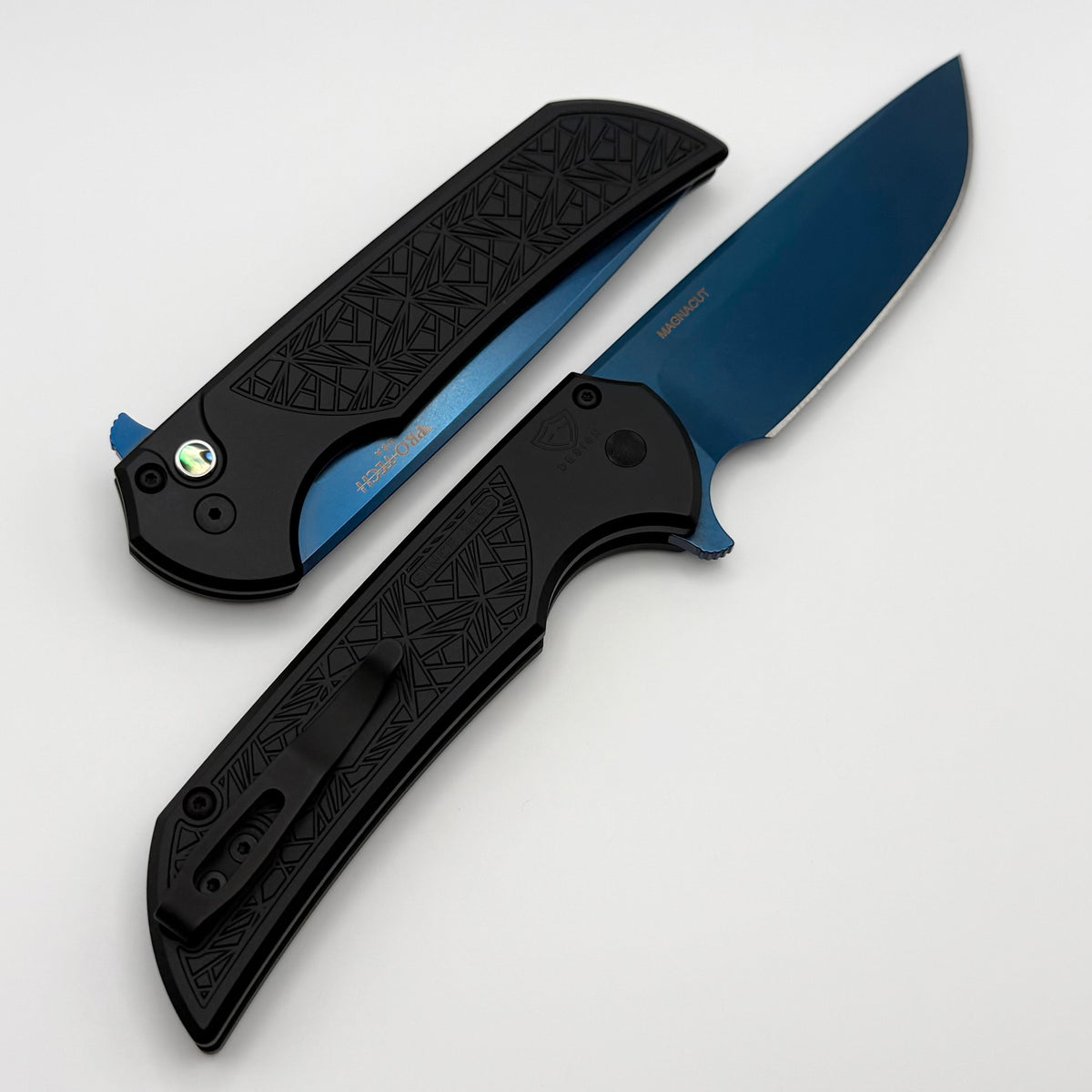 Pro-Tech Mordax Nexus Black Handles w/ Abalone Button & Sapphire Blue