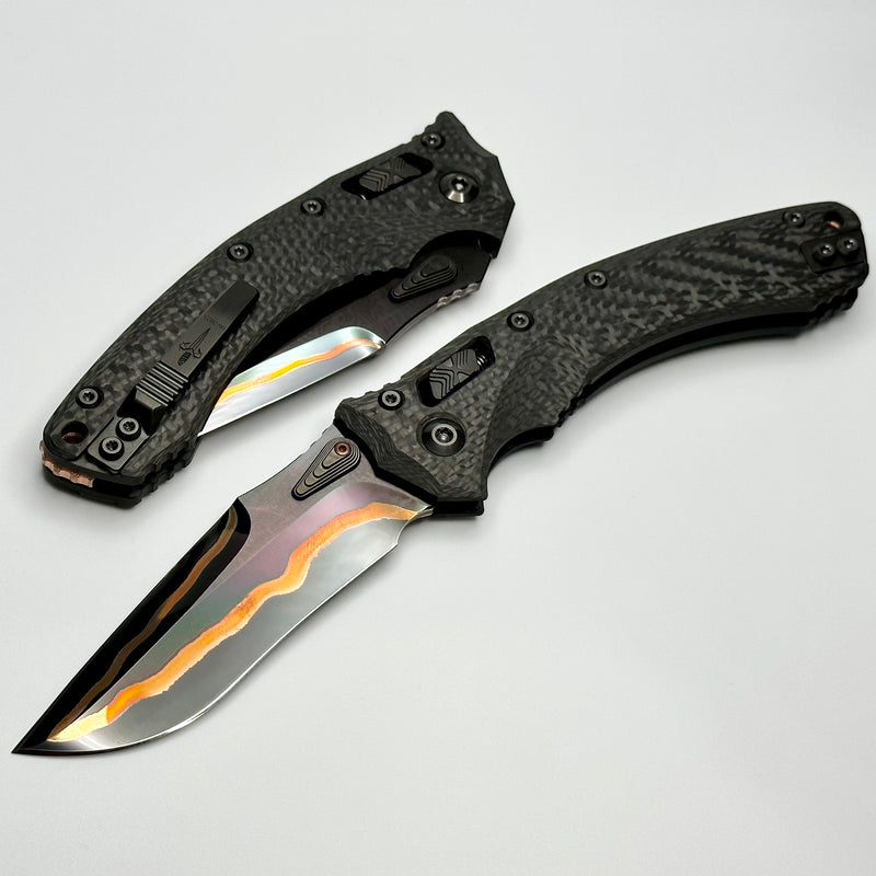 Marfione Custom Knives Amphibian RAM-LOK Hot Blued Tiger Mai Baker Forge Damascus & Carbon Fiber Handles w/ Stippled Copper Backspacer