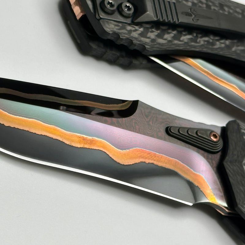 Marfione Custom Knives Amphibian RAM-LOK Hot Blued Tiger Mai Baker Forge Damascus & Carbon Fiber Handles w/ Stippled Copper Backspacer
