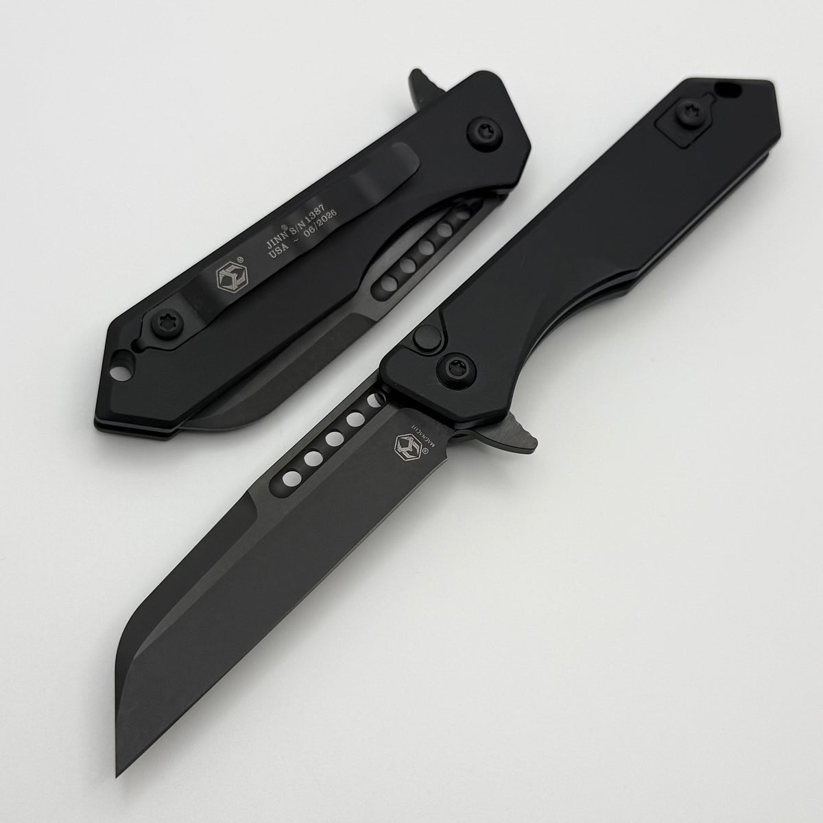 Heretic Knives M/A Jinn Flipper w/ Black Aluminum Handles & DLC MagnaC
