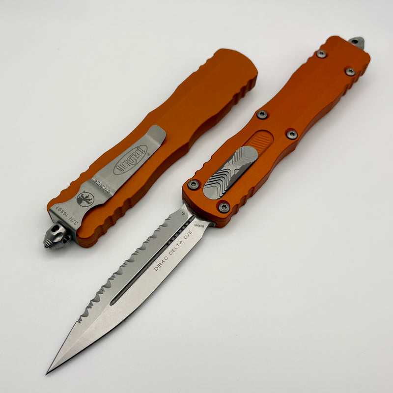 Microtech Dirac Delta D/E Full Serrated Stonewash w/ Orange Tangerine