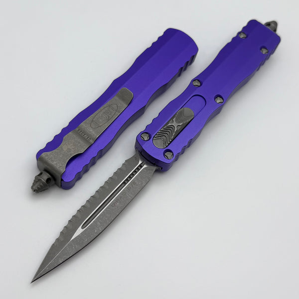 Microtech Dirac Double Edge Apocalyptic Full Serrated & Purple Handle