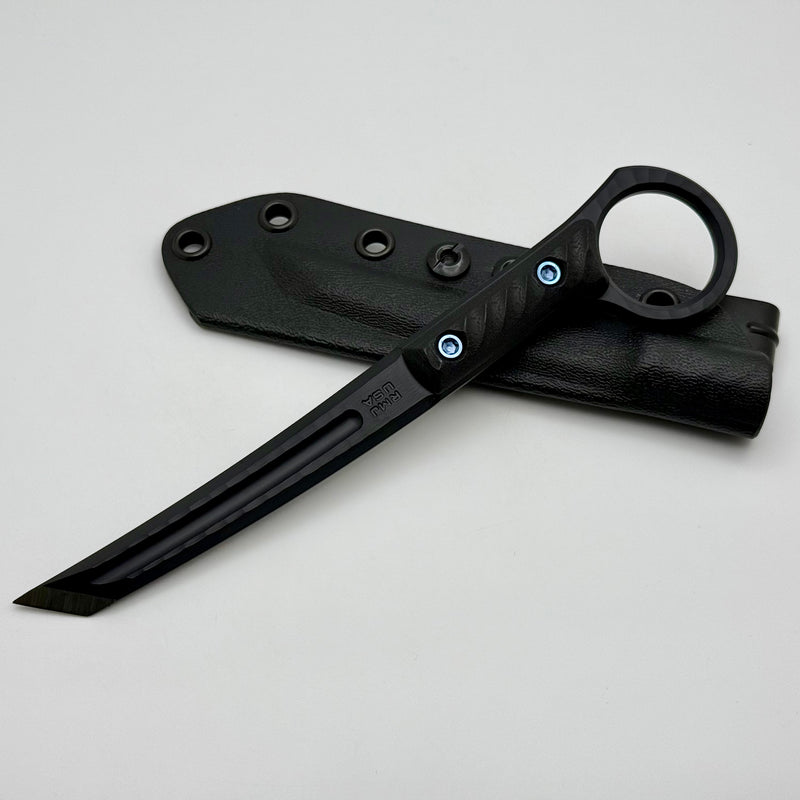 RMJ Tactical Stabby Guy Textured Black CPM-3V & Black G-10 w/ Blue Hardware