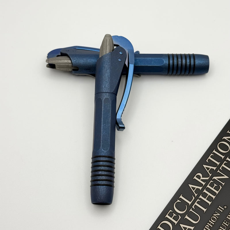 Marfione Custom Siphon Pen II Titanium Antique Blue Slab Side w/ Blue