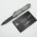 PRE-OWNED Microtech UTX-70 D/E Black M390 w/ Jade Top/Aluminum Handle 147-1GTJGS "Fuck Off"