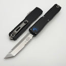 Microtech Ultratech ZBP Black Leo Blue Accent Handle w/ Stonewash Part Serrated Tanto 1123-11LEO