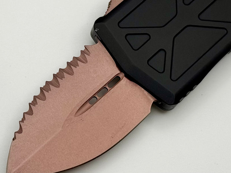 Microtech Exocet PVD Rose Gold Full Serrated & Black Handle Signature