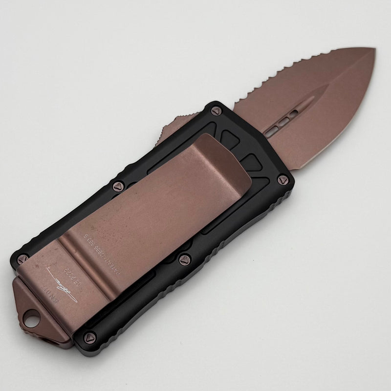 Microtech Exocet PVD Rose Gold Full Serrated & Black Handle Signature