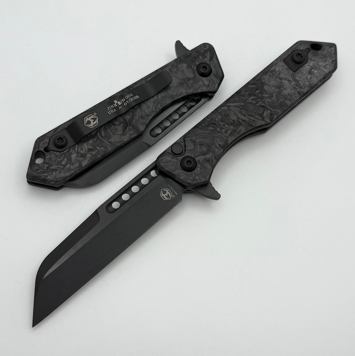 Jenniferリクエスト品 Heretic Knives M/A Jinn Flipper w/ Glow Marble Carbon Fiber Handles &