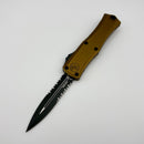 Factory Blem Microtech Knives Mini Hera Tactical Black Part Serrated D/E M390MK w/ Tan Aluminum Handle 1702M-2TA