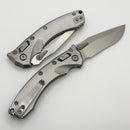 Microtech Amphibian Mini RAM LOK Stonewash Titanium Fluted & Stonewash M390MK W/ Blue Accents 137MRL-10FLMS2