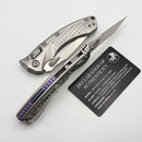 Microtech Amphibian Mini RAM LOK Stonewash Titanium Frag & Stonewash M390MK w/ Purple Accents 137MRL-10FRMS3