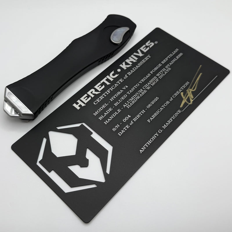 Heretic Custom Hydra V4 w/ Black Aluminum Handle & Blued Vegas Forge Tanto