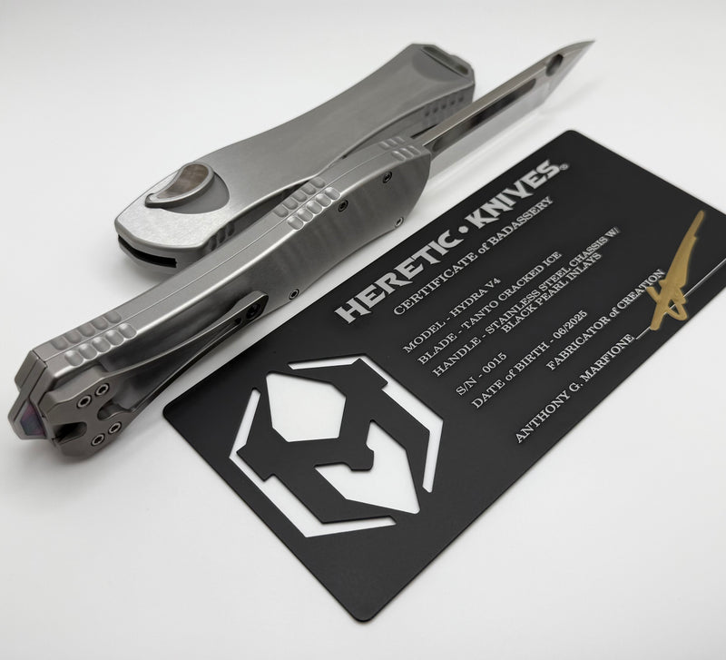 Heretic Custom Hydra V4 Stainless Steel Handle w/ Black Pearl Inlays & Cracked Ice Tanto