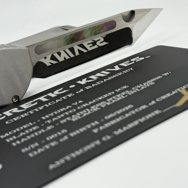 Heretic Custom Hydra V4 Stainless Steel Handle w/ Black Pearl Inlays & Cracked Ice Tanto