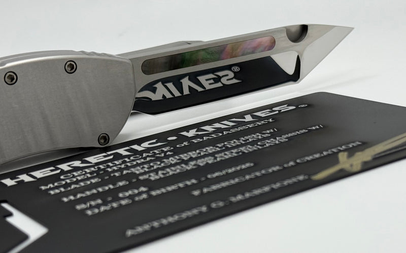 Heretic Custom Hydra V4 Stainless Steel Handle w/ Black Pearl Inlays & Mirror Tanto
