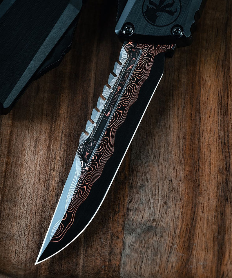 Microtech Knives Combat Troodon Gen III LT Interceptor Baker Forge Raindrop Coppermai Damascus & Black Hefted Handle Signature Series 1217-16MS1