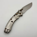 Microtech Amphibian Mini RAM LOK Stonewash Titanium Slab & Stonewash Serrated M390MK w/ Flamed Accents 137MRL-11MS4