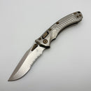 Microtech Amphibian Mini RAM LOK Stonewash Titanium Frag & Stonewash Serrated M390MK w/ Flamed Accents 137MRL-11FRMS4