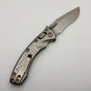 Microtech Amphibian Mini RAM LOK Stonewash Titanium Frag & Stonewash Serrated M390MK w/ Blue Accents 137MRL-11FRMS2