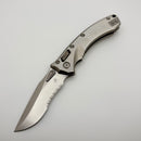 Microtech Amphibian Mini RAM LOK Stonewash Titanium Fluted & Stonewash Serrated M390MK w/ Blue Accents 137MRL-11FLMS2