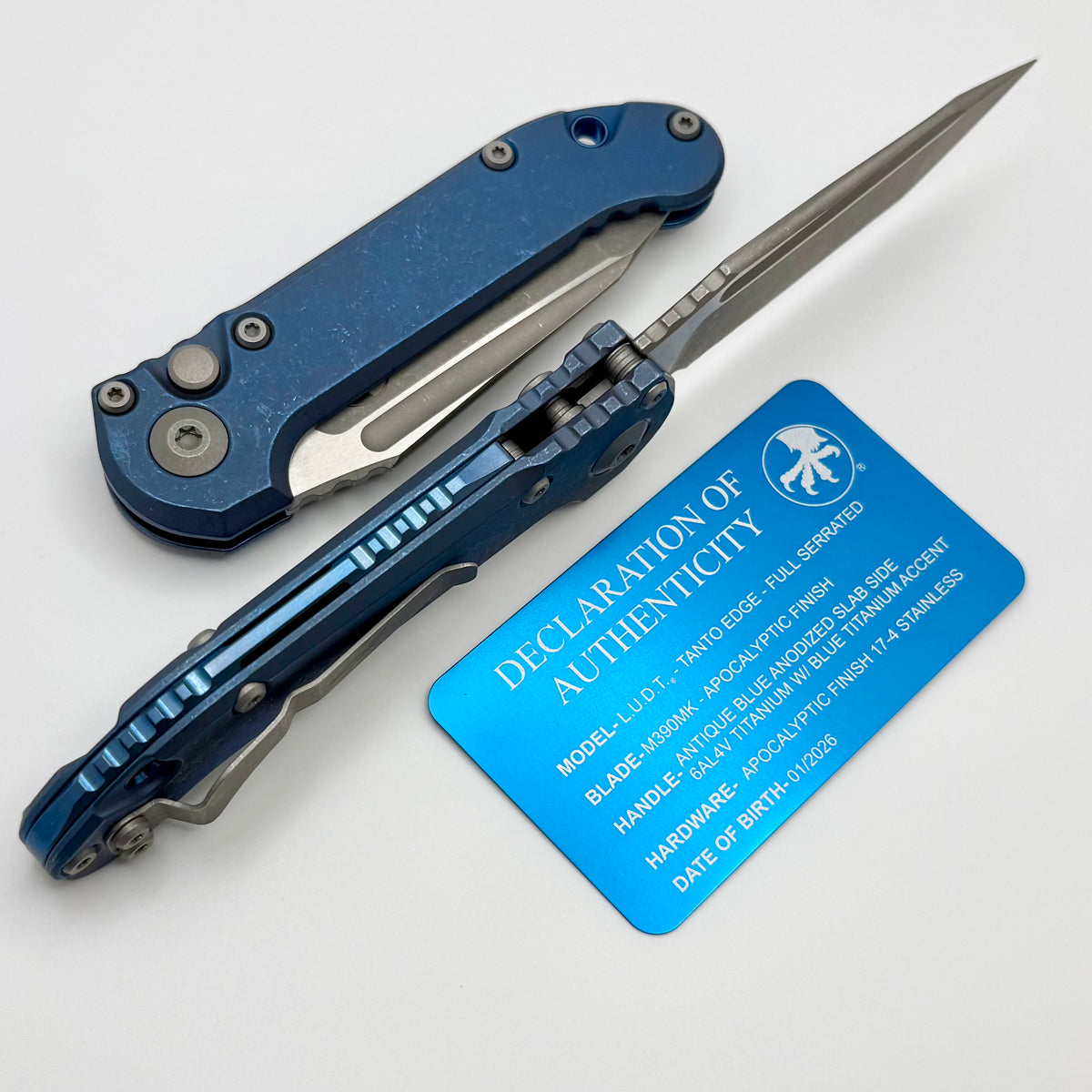 Microtech Marfione Select LUDT Gen III Antique Blue Slab Side Titanium