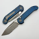 Microtech Marfione Select LUDT Gen III Antique Blue Slab Side Titanium Handles w/ Blue Accents & Part Serrated Apocalyptic Tanto 1136-11APMS3