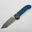 Microtech Knives LUDT Gen III Antique Blue Titanium Frag Handles & Full Serrated Apocalyptic M390MK w/ Blue Accents 1136-12APFRMS2