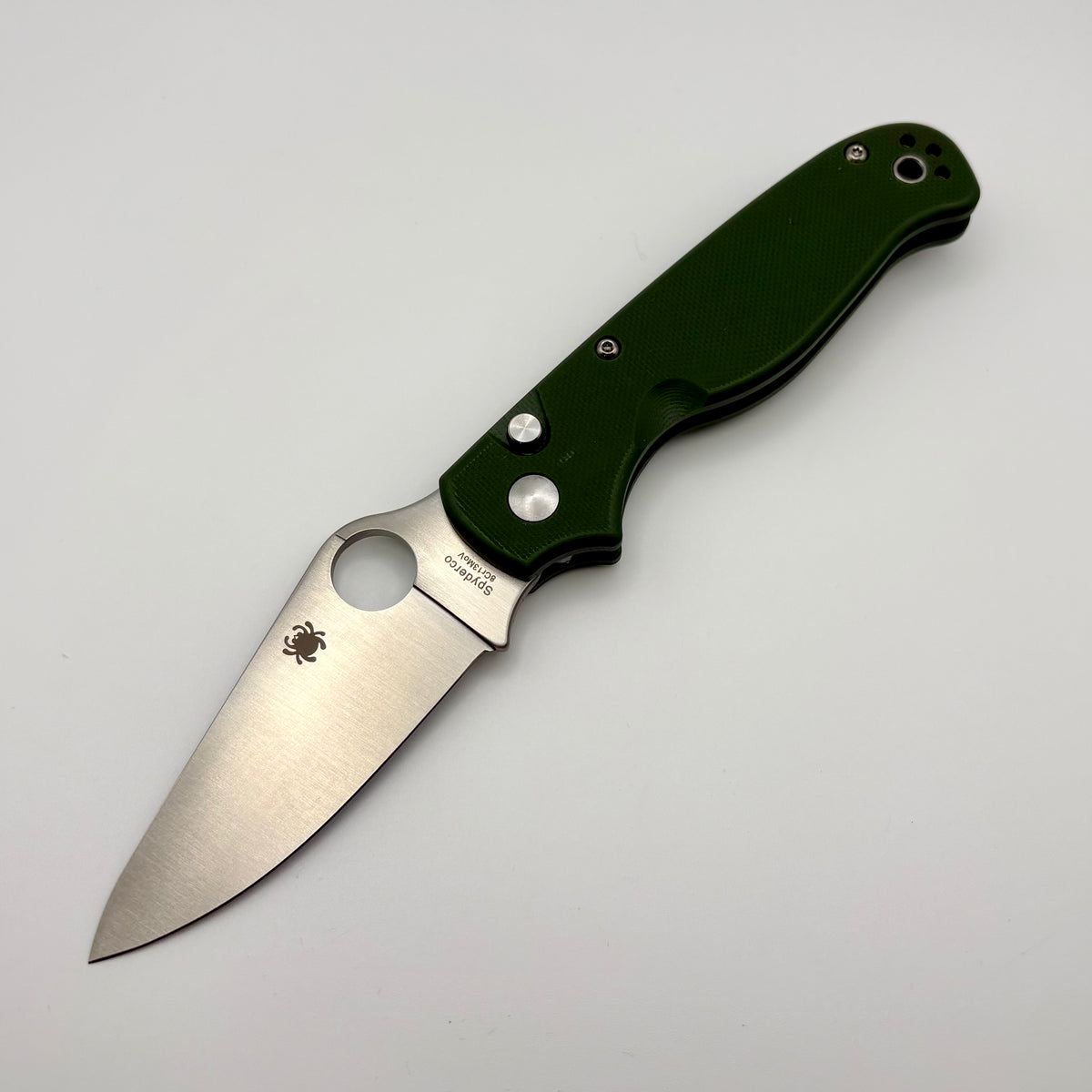 Spyderco ButtonUp C275GPGR folding knife with OD Green G-10 handle and satin modified clip-point blade