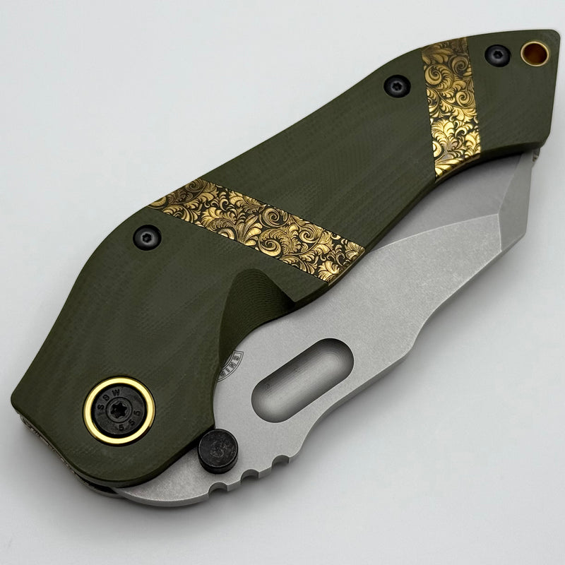 Sniper Bladeworks DMF w/ Floral Engraved OD Green G-10 Handles & Stone