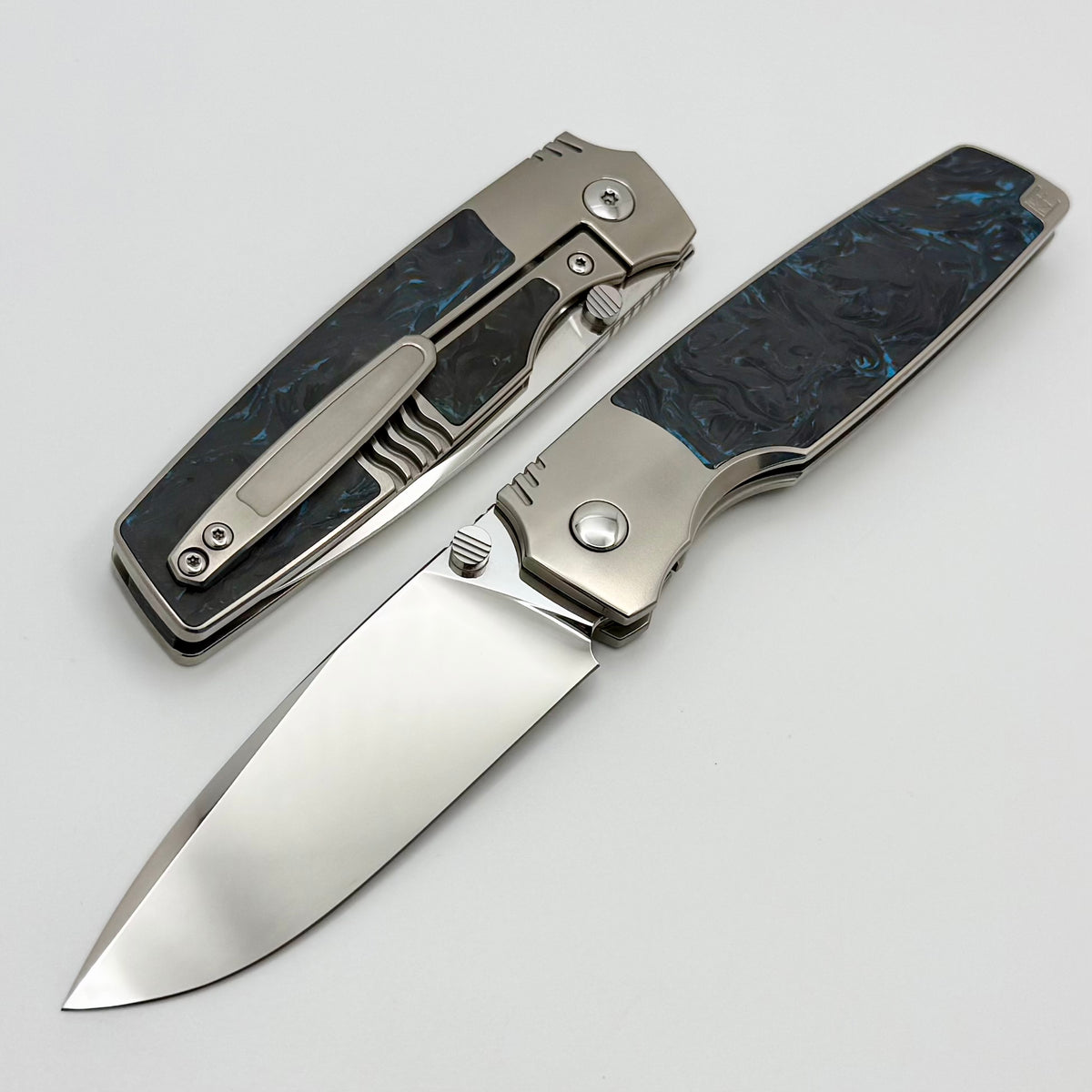 Custom Knife Factory Lex w/ Blue Carbon Fiber Inlaid Titanium Handles